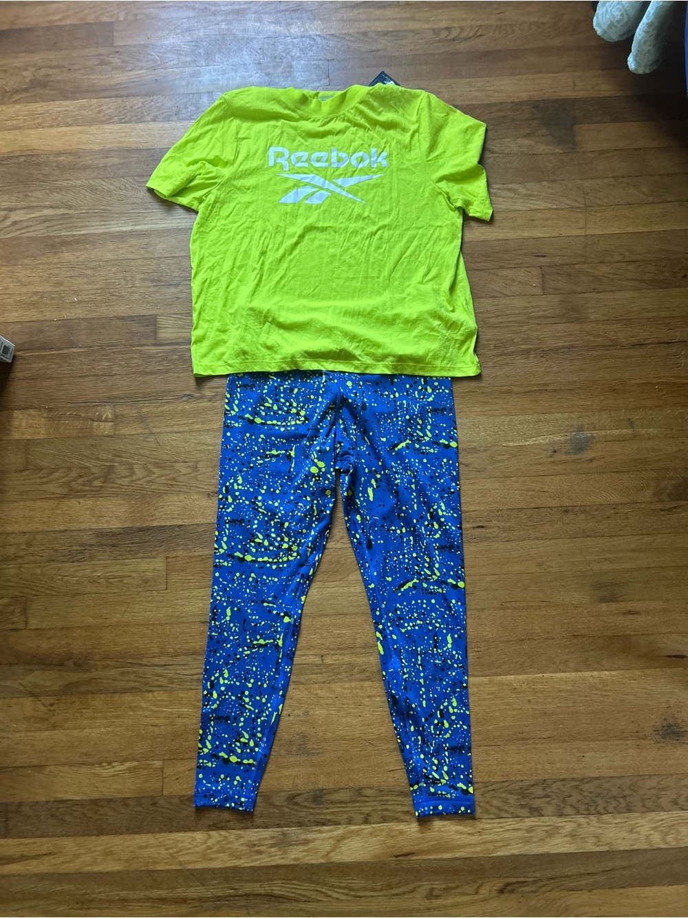 Reebok Neon Yellow Short-Sleeve Tee with Blue and Neon Print Leggings